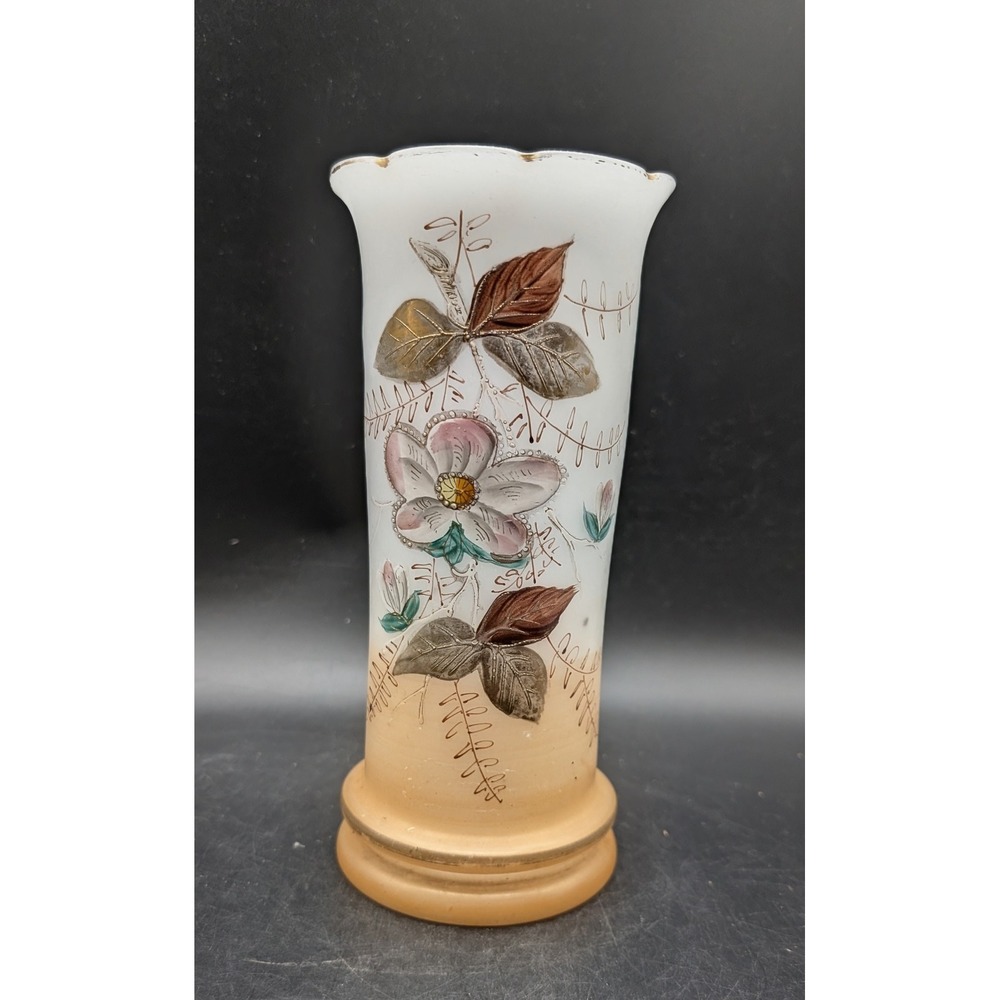 Antique Bristol Glass Vase Hand Painted Floral Frosted Scalloped Rim Peach White